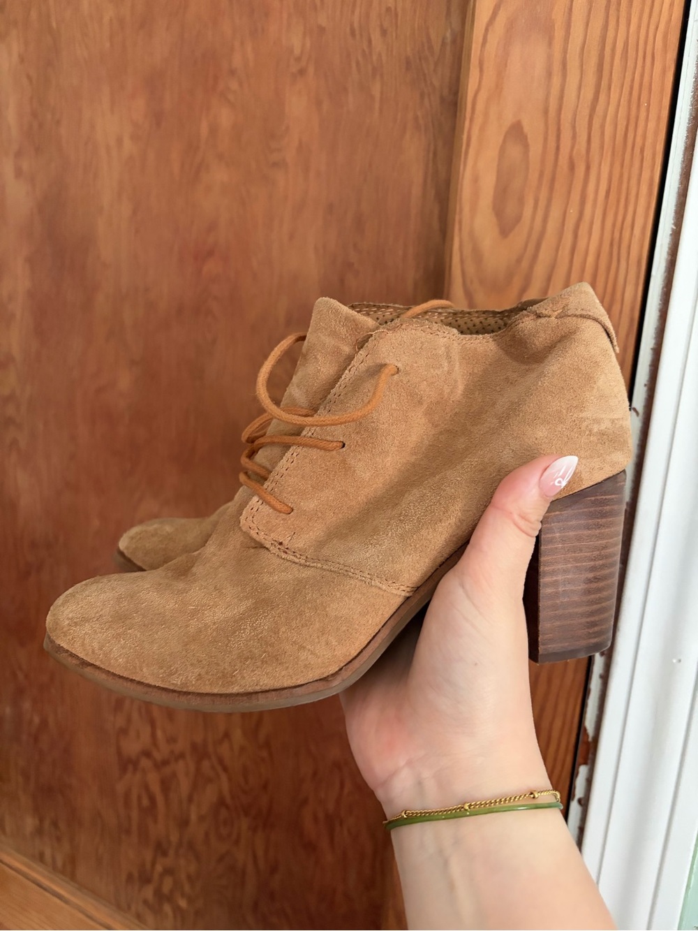 Toms Tan Suede Lace-Up Block Heel Ankle Boots